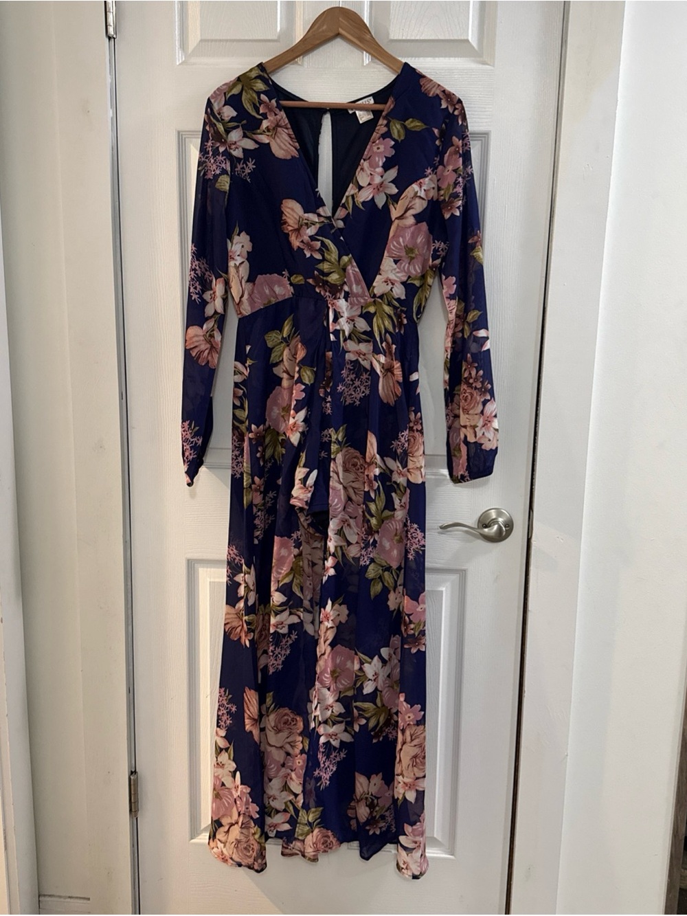 Venus Floral Romper Maxi Dress Combo Long Sleeves Sheer Layers Resort Size M